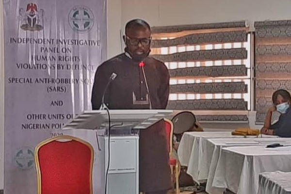 Richard Augustine addressing the Independent Investigative Panel (IIP) on allegations of human right's violations by defunct Special Anti-Robbery Squad (SARS)