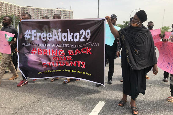 Parents of the students of the College of Forestry in Afaka, Kaduna State, kidnapped by bandits protesting at the National Assembly