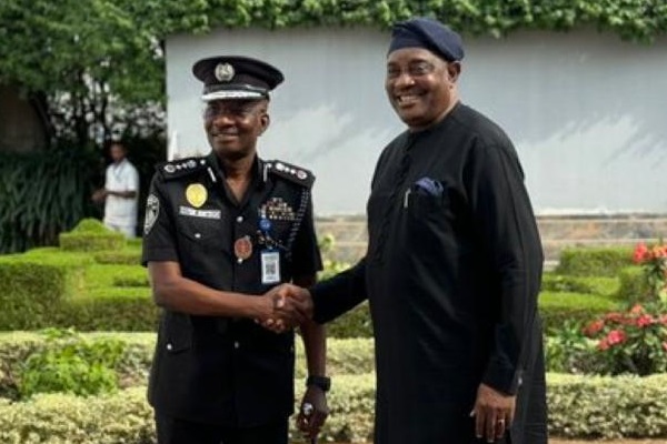 Chairman Police Service Commission, Dr. Solomon Arase CFR, rtd Inspector General of Police congratulating the Inspector General of Police, Dr. Kayode Egbetokun after his Confirmation yesterday, October 31st, 2023 at the Presidential villa Abuja.