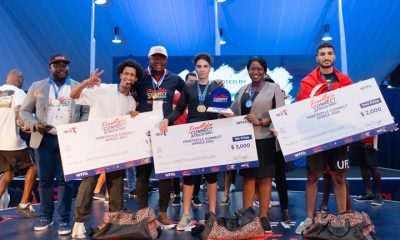 L-R - Cosmas Maduka, GM, Corporate Affairs at DLK Clothing Signature; Mohamed Gamal (Egypt), 3rd place winner; Valentine Ozigbo, the Chairman of Feet ’N’ Tricks Limited; Ali Yahia (Algeria), the winner; Adaeze Anyaoku, Director of Events, AFREXIMBANK; and Ramy Boujlil (Morocco), the 2nd place winner at the Freestyle Connect Africa 2023 tournament held on November 14, 2023 at the Intra Africa Trade Fair (IATF2023) held at the Al Manara International Conference Centre, Cairo, Egypt. (Photo Credit: Feet 'N' Tricks Handout)