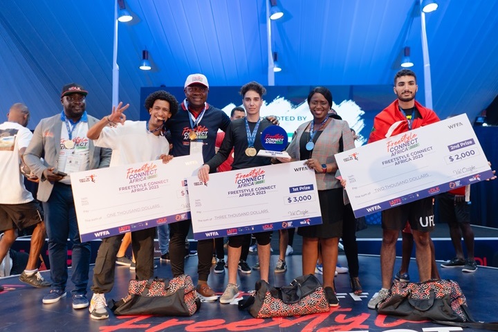 L-R - Cosmas Maduka, GM, Corporate Affairs at DLK Clothing Signature; Mohamed Gamal (Egypt), 3rd place winner; Valentine Ozigbo, the Chairman of Feet ’N’ Tricks Limited; Ali Yahia (Algeria), the winner; Adaeze Anyaoku, Director of Events, AFREXIMBANK; and Ramy Boujlil (Morocco), the 2nd place winner at the Freestyle Connect Africa 2023 tournament held on November 14, 2023 at the Intra Africa Trade Fair (IATF2023) held at the Al Manara International Conference Centre, Cairo, Egypt. (Photo Credit: Feet 'N' Tricks Handout)