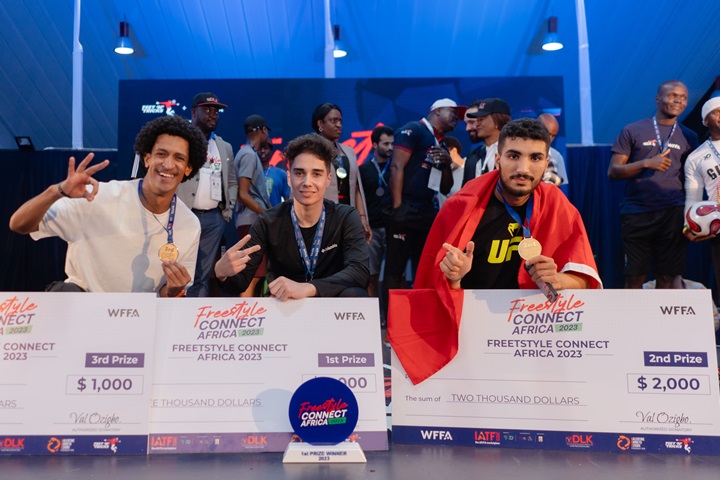 The Top 3 Winners of the Freestyle Connect Africa Tournament held on November 14, 2023 at the Intra Africa Trade Fair (IATF2023) held at the Al Manara International Conference Centre, Cairo, Egypt. Left to right - Mohamed Gamal (Egypt), 3rd place; Ali Yahia (Algeria), 1st place; and Ramy Boujlil (Morocco), 2nd place. (Photo Credit: Feet 'N' Tricks Handout)