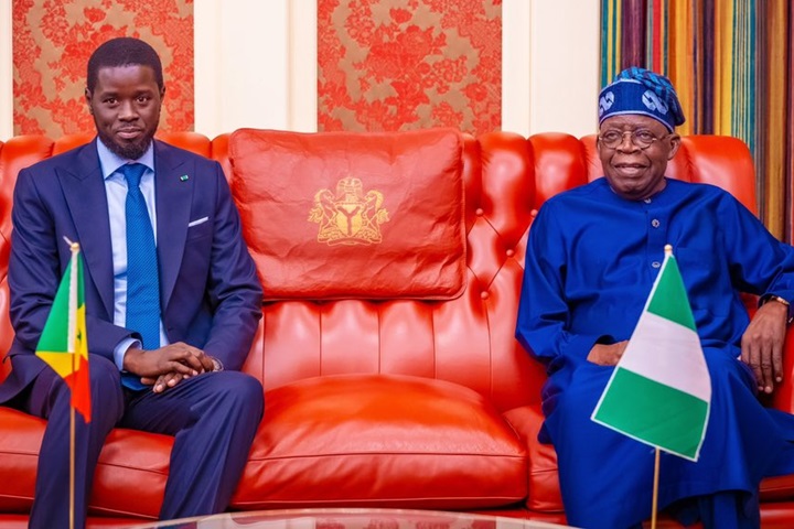 President Bola Tinubu with President Bassirou Diomaye Faye of Senegal during the latter's visit on Thursday, May 16, 2024, in Abuja, Nigeria