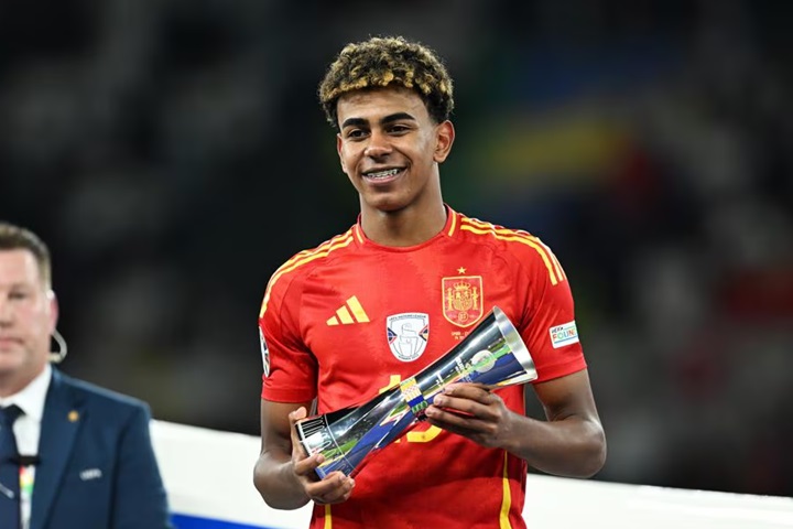 Yamal displays his "Young Player of the Tournament" award at the just concluded Euro 2024 in Germany