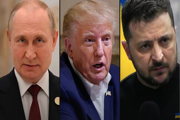 Presidents Vladimir Putin of Russia, Donald Trump of the United States and Volodymyr Zelenskyy of Ukraine