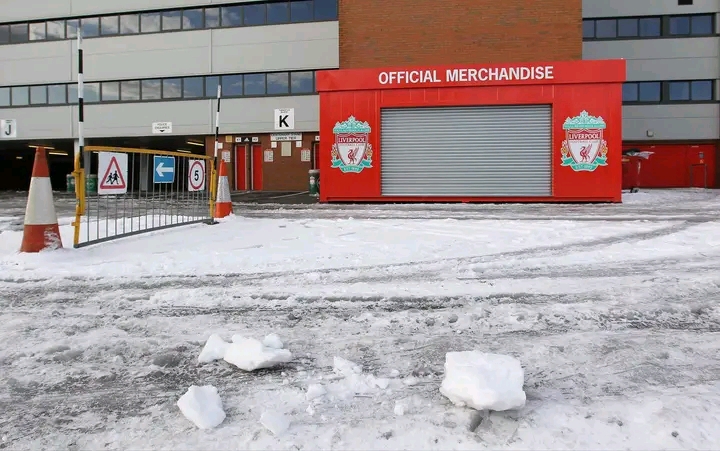 A snowy Liverpool stadium Anfield on Sunday morning