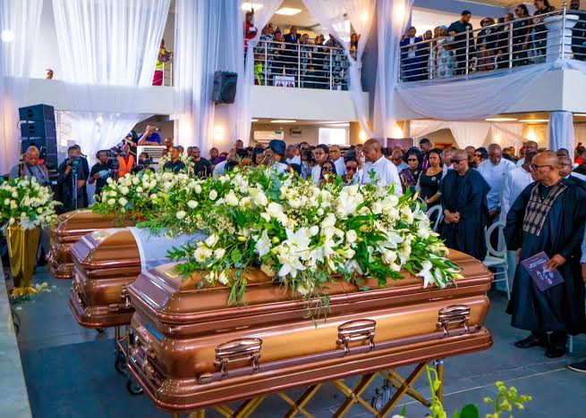 Late Herbert Wigwe, wife and son's caskets during the funeral service in Rivers State, Nigeria