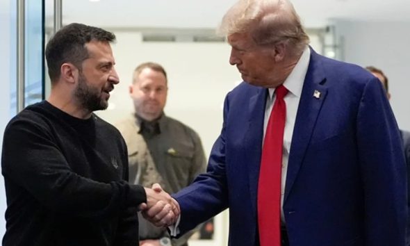 Ukrainian president Volodymyr Zelenskyy in a handshake with President Donald Trump