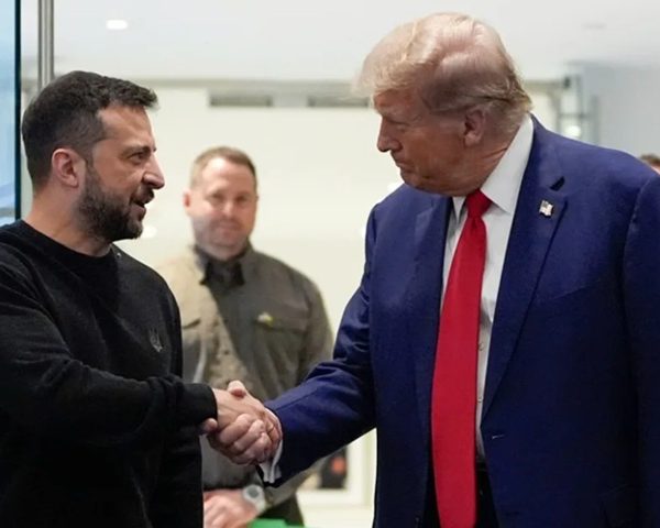 Ukrainian president Volodymyr Zelenskyy in a handshake with President Donald Trump
