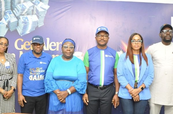 L-R: Oyinkan Kusamotu, Principal Legal Officer, Lagos State Lotteries and Gaming Authority; Adetunji Mustafa, Divisional Head, Strategy, Innovation and Business Transformation, Fidelity Bank Plc; Aboluwade Margaret, South-West Zonal Coordinator, Federal Competition and Consumer Protection Council [FCCPC]; Osita Ede, Divisional Head, Product Development, Fidelity Bank Plc; Chetachi Okechukwu, Regional Bank Head, Ikoyi, Fidelity Bank; and Aigbadon Ehi, Surveillance and Investigation Officer, FCCPC; at the second and third Monthly draws of the Fidelity Bank, Get Alert In Millions Season 6 (GAIM 6) promo in Lagos recently