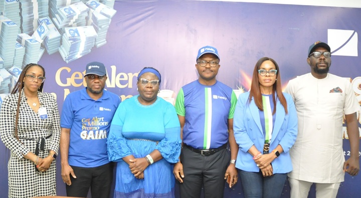 L-R: Oyinkan Kusamotu, Principal Legal Officer, Lagos State Lotteries and Gaming Authority; Adetunji Mustafa, Divisional Head, Strategy, Innovation and Business Transformation, Fidelity Bank Plc; Aboluwade Margaret, South-West Zonal Coordinator, Federal Competition and Consumer Protection Council [FCCPC]; Osita Ede, Divisional Head, Product Development, Fidelity Bank Plc; Chetachi Okechukwu, Regional Bank Head, Ikoyi, Fidelity Bank; and Aigbadon Ehi, Surveillance and Investigation Officer, FCCPC; at the second and third Monthly draws of the Fidelity Bank, Get Alert In Millions Season 6 (GAIM 6) promo in Lagos recently