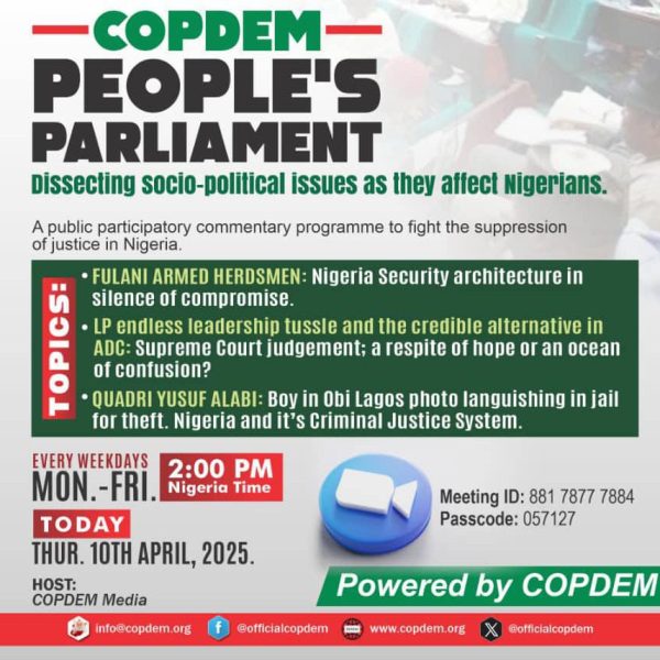 COPDEM people’s parliament set to tackle key socio political issues in Nigeria