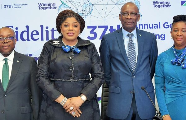L – R: Executive Director/Chief Operations and Information Officer, Mr. Stanley Amuchie; Managing Director/Chief Executive Officer, Dr. Nneka Onyeali-Ikpe; Chairman, Mr. Mustafa Chike-Obi; and Company Secretary, Mrs. Ezinwa Unuigboje; (all of Fidelity Bank Plc) at the bank’s 37th Annual General Meeting held in Lagos recently