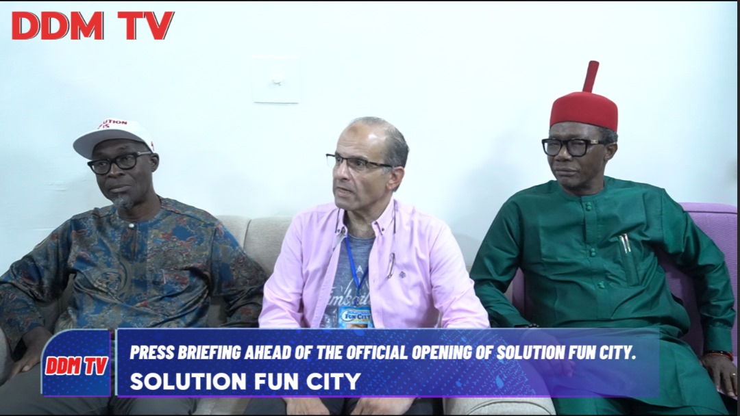 From left to right - Comrade Don Onyenji, Commissioner for culture, entertainment and tourism; Mr. Mohammed Farar, Director of Operations, Solution Fun City; Dr. Law Mefor, commissioner for information, Anambra State, present at the press briefing ahead of the grand opening of Solution Fun City