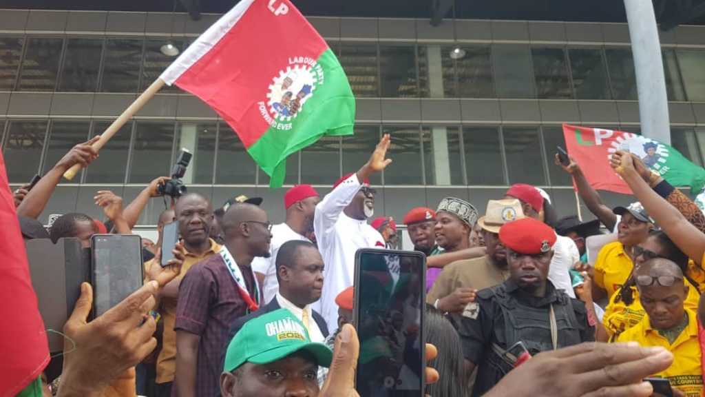 Chief Dr. George Moghalu arrives to a rousing reception as the "incoming governor" of Anambra State, by Labour Party supporters
