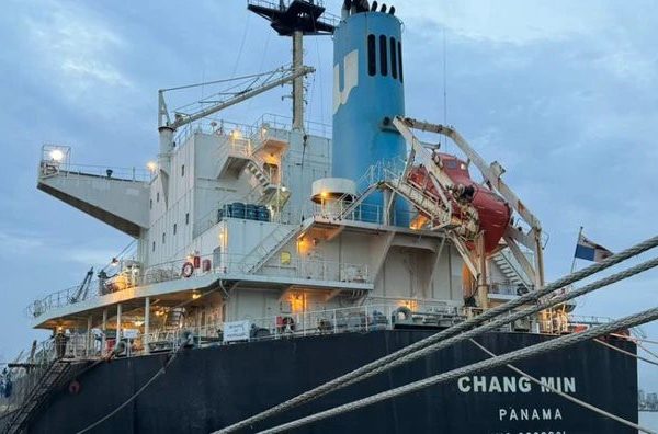Just in: Lagos port officials watch as cargo ship catches fire