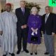 Queen Elizabeth II with (L-R) former Commonwealth Secretaries-General Emeka Anyaoku, Don McKinnon and Shridath Ramphal.