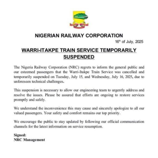 NRC Shuts Down Warri-Itakpe Train Over Technical Failures