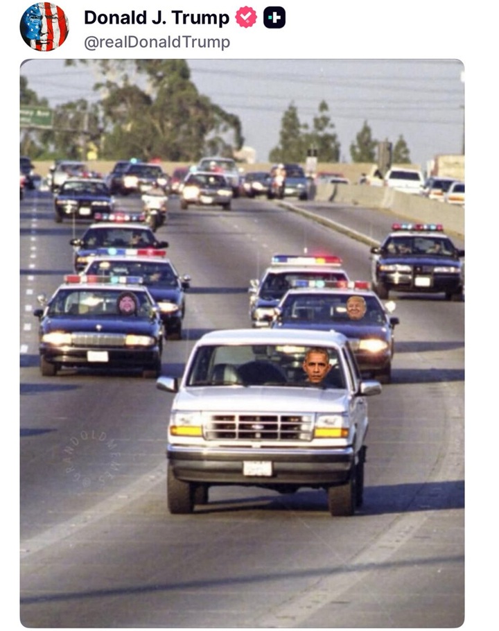 Trump trolls with meme of himself and JD Vance chasing Former President Obama.