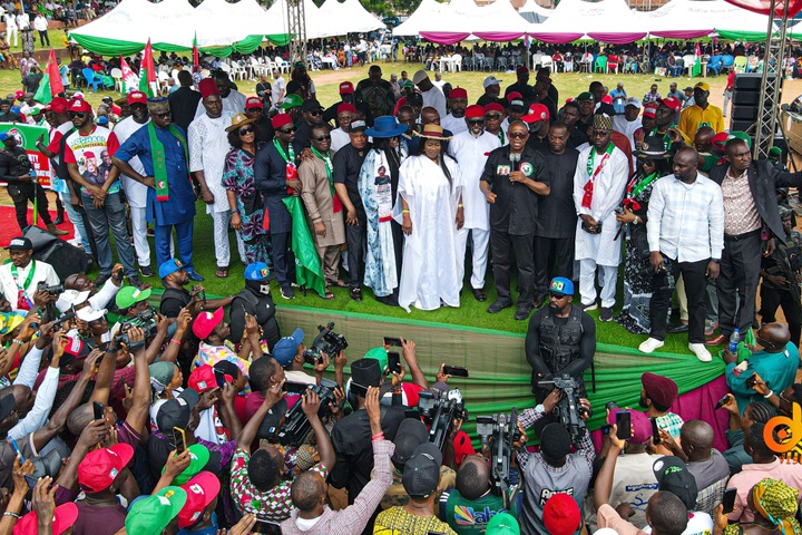 Labour Party 2023 presidential candidate, Peter Obi, Senator Victor Umeh, Senator Tony Nwoye, prominent political figures, dignitaries and mammoth crowd of supporters converge to cheer George Muoghalu to victory in Anambra 2025 election