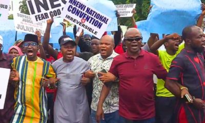 Abure-led LP faction protests at INEC HQ