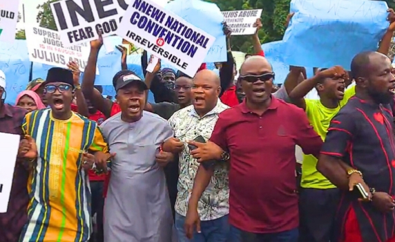 Abure-led LP faction protests at INEC HQ