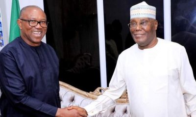 Ex-Anambra State governor, Peter Obi, in a warm handshake with ex-Vice President Atiku Abubakar