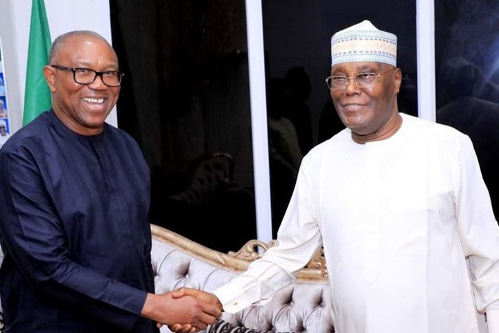Ex-Anambra State governor, Peter Obi, in a warm handshake with ex-Vice President Atiku Abubakar