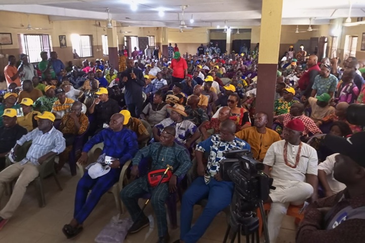 ADC governorship candidate, John Nwosu, in a strategic grassroots meeting with his Ward Chairmen, Local Government Chairmen, and Campaign Coordinators