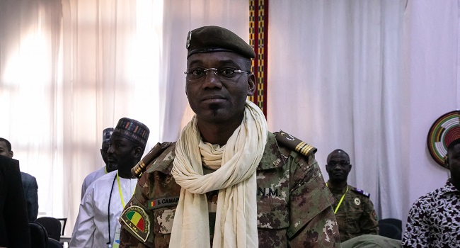 (FILES) Colonel Sadio Camara, Minister of Defense and Veterans of Mali, is seen at the meeting of Ministers of the Alliance of Sahel States (AES), Ouagadougou, February 15, 2024. (Photo by FANNY NOARO-KABRÉ / AFP)
