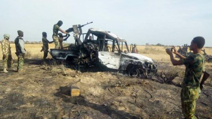 Military vehicle damaged during Boko Haram ambush
